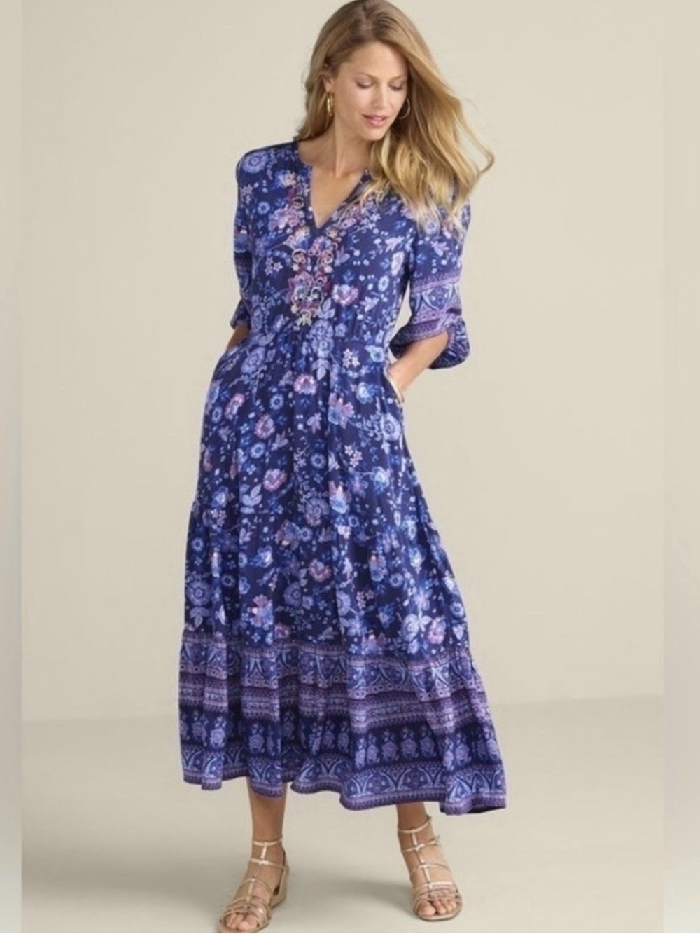 Soft Surroundings Jordana LP Dress Blue Floral Embroidered Sequined Large Petite - Picture 2 of 13